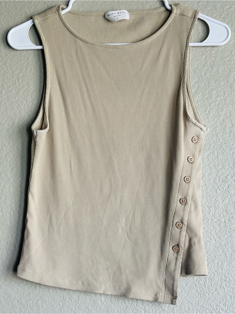 Asymmetrical Side-Button Ribbed Tank Top in Beige by A Miou Muse